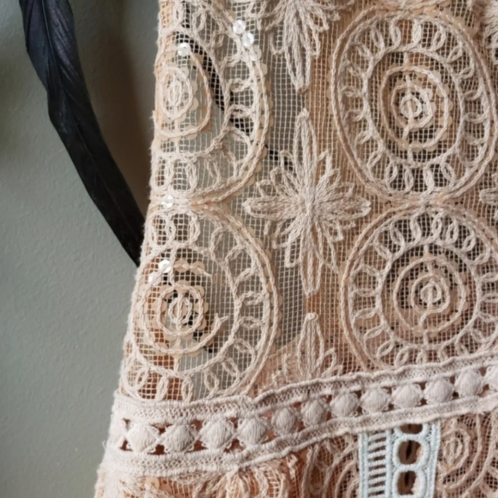 FREE PEOPLE FP Peach Shine Sheer On Maxi Dress Women's Large L Bohemian Lace EUC